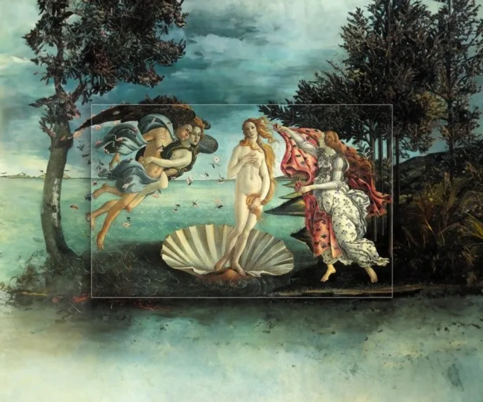 "El nacimiento de Venus" de Botticelli, con el fondo ampliado mediante IA.