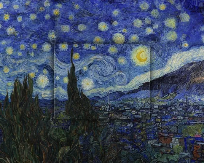 "La noche estrellada" de Van Gogh, con el fondo ampliado mediante IA