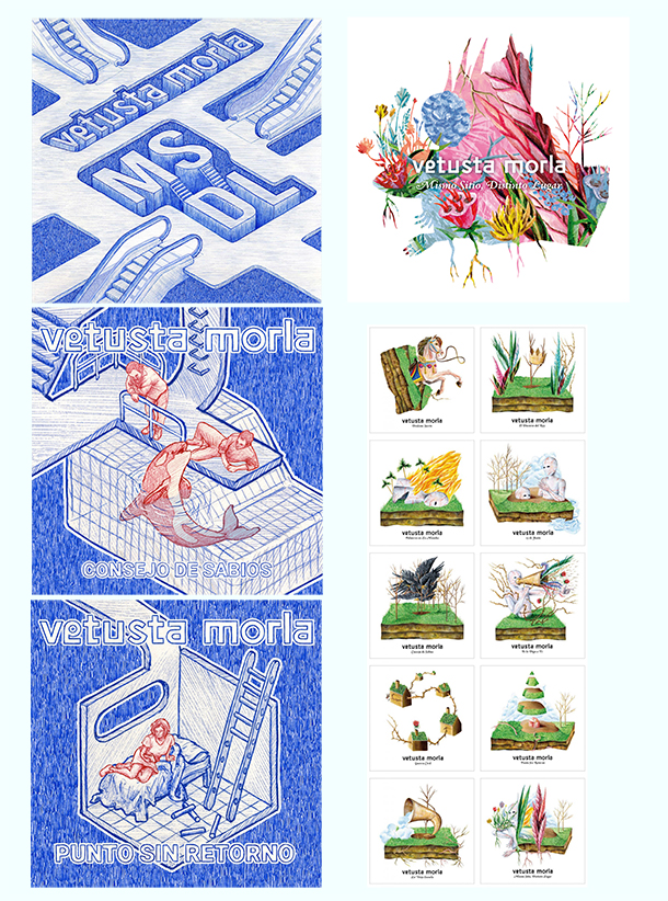 Portadas e ilustraciones para "Mismo sitio, distinto lugar" en las dos versiones publicadas (realizada en boli y con perspectiva y la otra de técnica mixta y tonos más verdes y ocres)